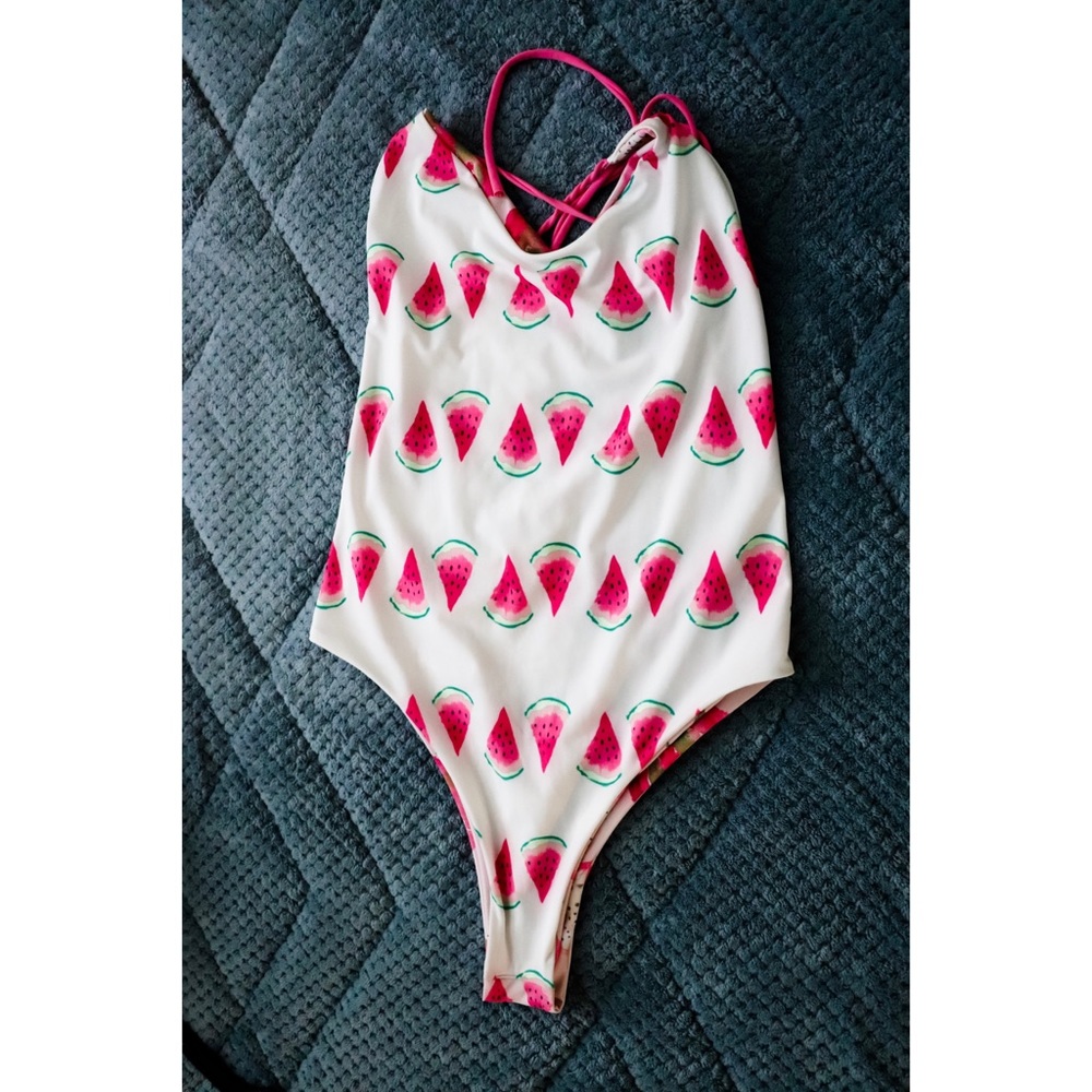 White Watermelon Print One-Piece Swimsuit with Pink Straps